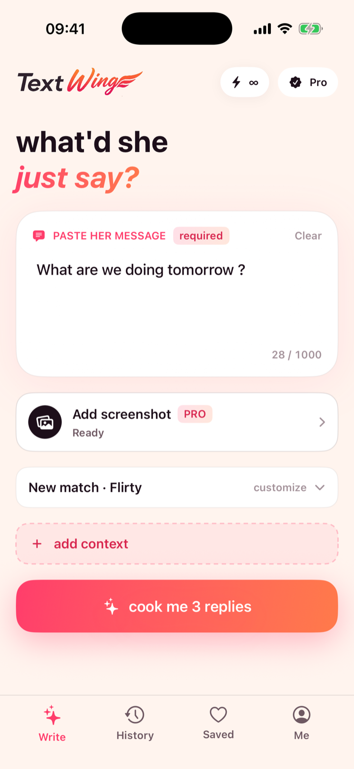TextWing Write screen — paste her message and pick a vibe